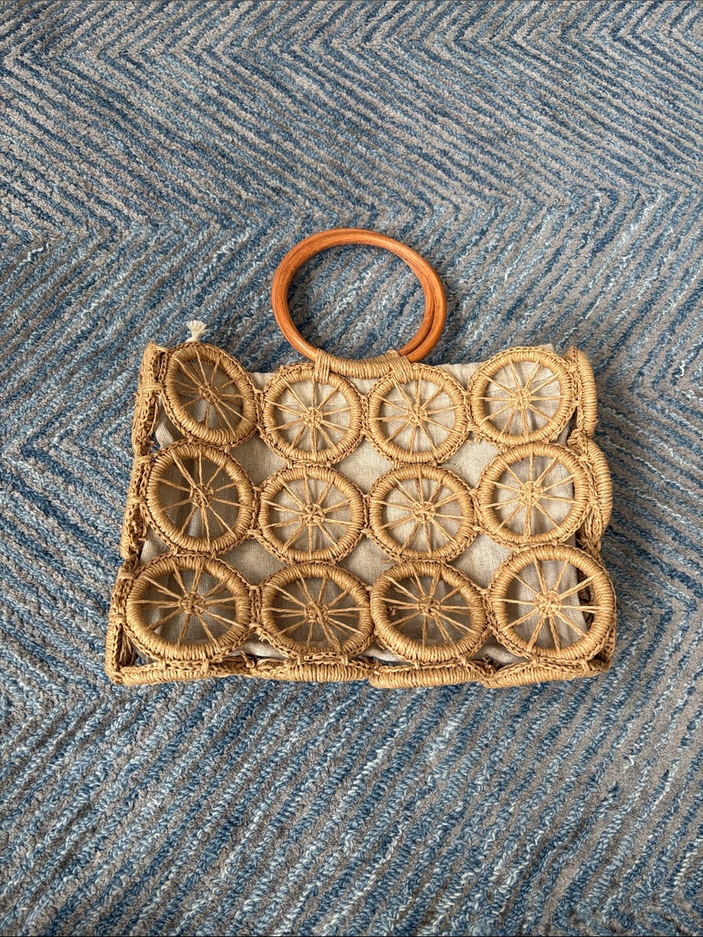 Woven Circle Rattan Handbag with Wooden Handles - Natural